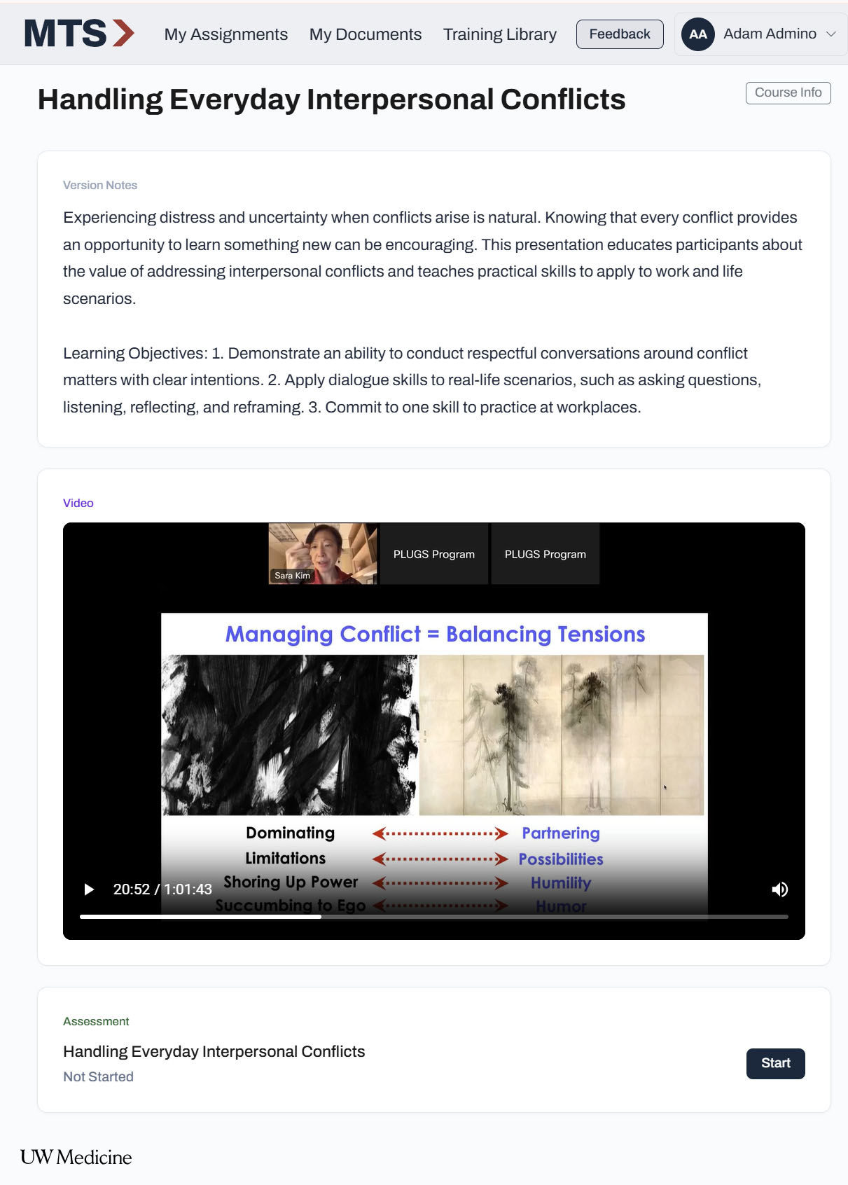 A recorded lecture in MTS — Handling Everyday Interpersonal Conflicts, with its video and end-of-lecture assessment